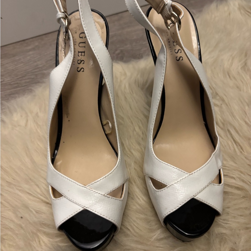 Guess White and Black Slingback Heels